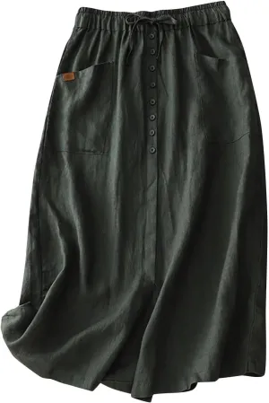 Maxi Skirts for Women Summer Drawstring High Elastic Waist Pleated A Line Skorts Solid Holiday Cotton Linen Skirt