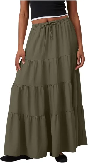 Maxi Skirts for Women Tiered Long Skirts High Waisted Pleated A Line Skirt Flowy Elastic Waist Skirt with Drawstring