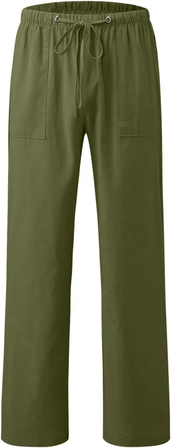 Mens Casual Linen Pants Straight-Leg Lightweight Joggers Loose Fit Pants Summer Hiking Hunting Beach Trousers