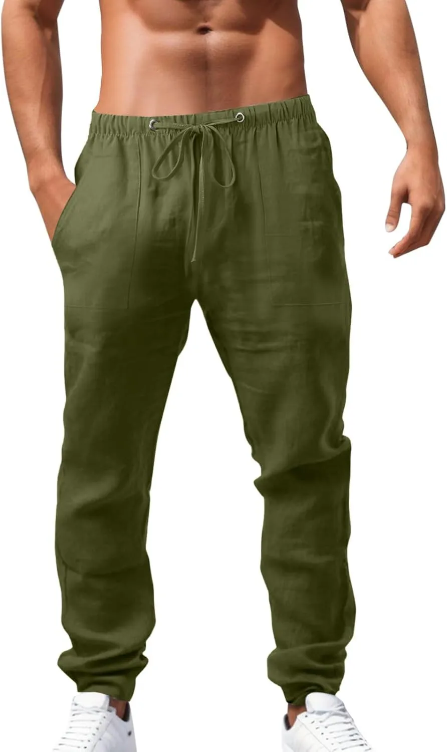 Mens Casual Linen Pants Straight-Leg Lightweight Joggers Loose Fit Pants Summer Hiking Hunting Beach Trousers