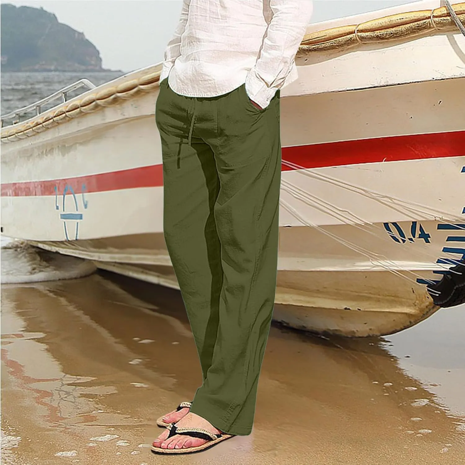 Mens Casual Linen Pants Straight-Leg Lightweight Joggers Loose Fit Pants Summer Hiking Hunting Beach Trousers