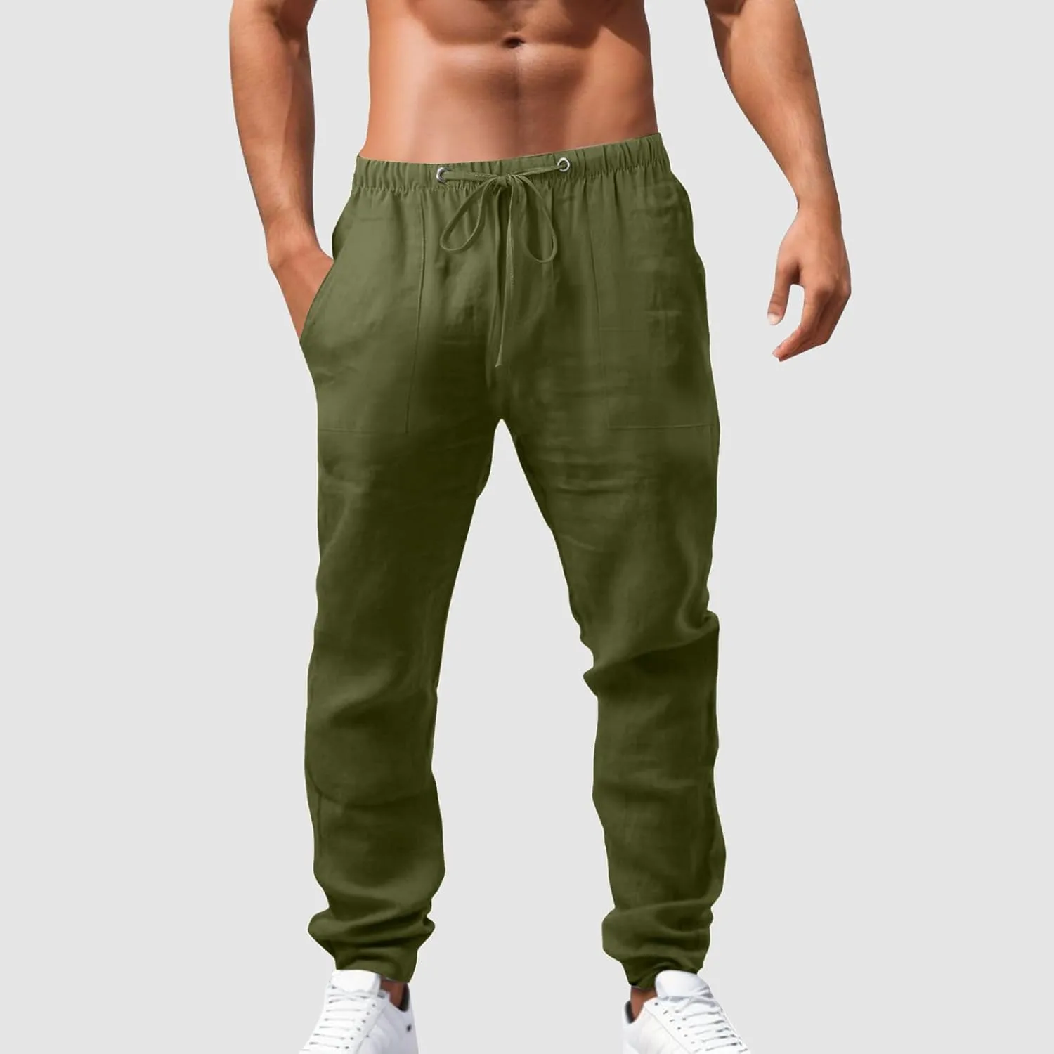 Mens Casual Linen Pants Straight-Leg Lightweight Joggers Loose Fit Pants Summer Hiking Hunting Beach Trousers