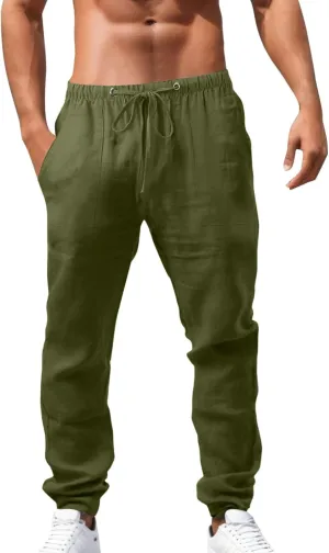 Mens Casual Linen Pants Straight-Leg Lightweight Joggers Loose Fit Pants Summer Hiking Hunting Beach Trousers