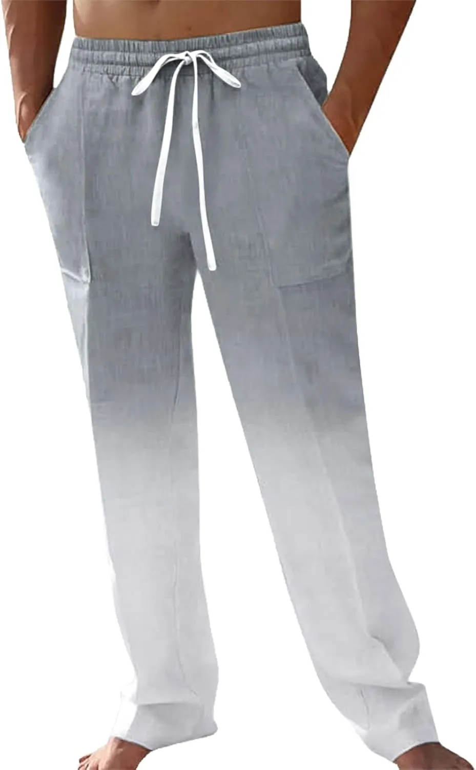 Mens Cotton Linen Drawstring Pants Casual Drawstring Summer Beach Pants Lightweight Breathable Trousers with Pockets