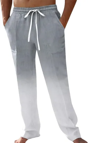 Mens Cotton Linen Drawstring Pants Casual Drawstring Summer Beach Pants Lightweight Breathable Trousers with Pockets