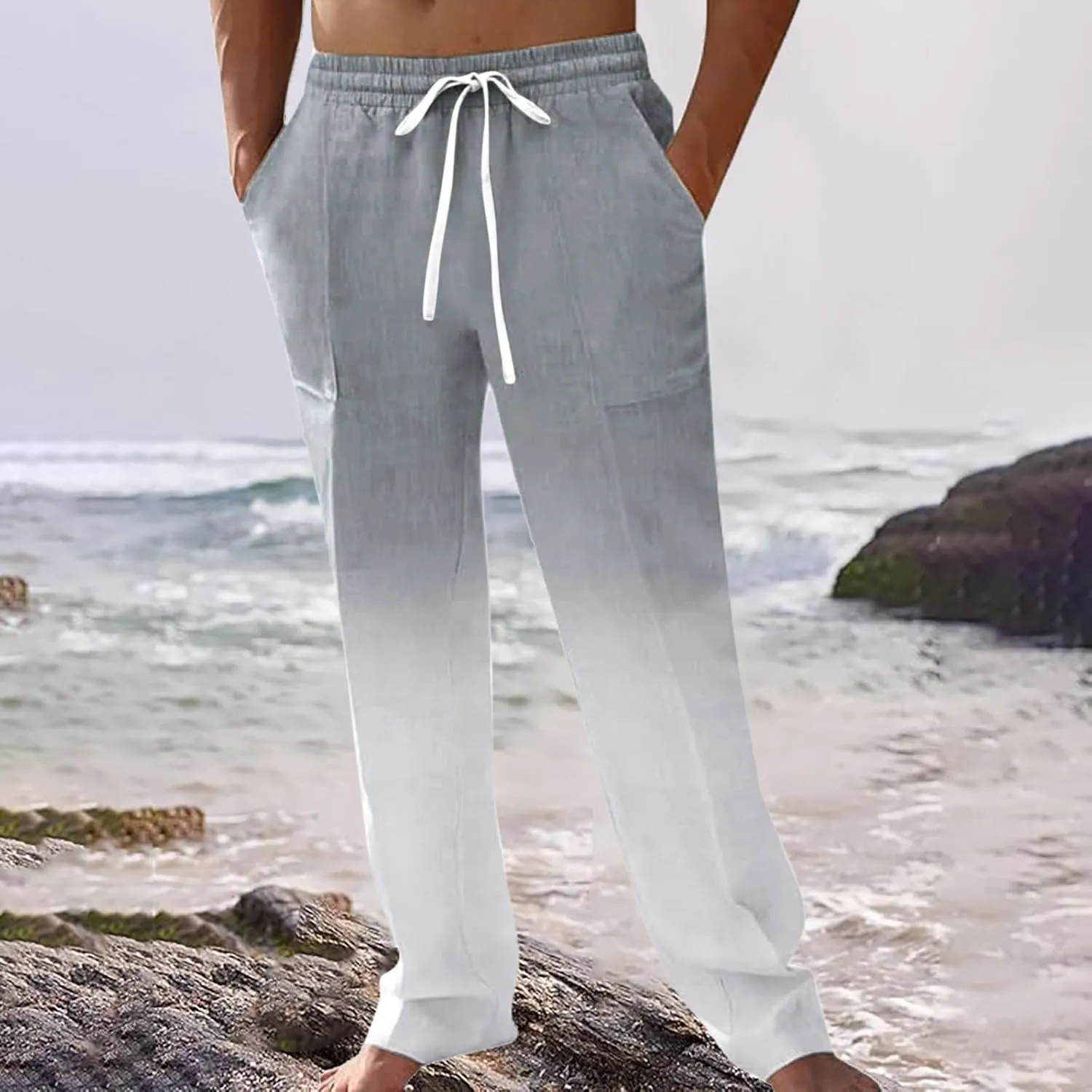 Mens Cotton Linen Drawstring Pants Casual Drawstring Summer Beach Pants Lightweight Breathable Trousers with Pockets