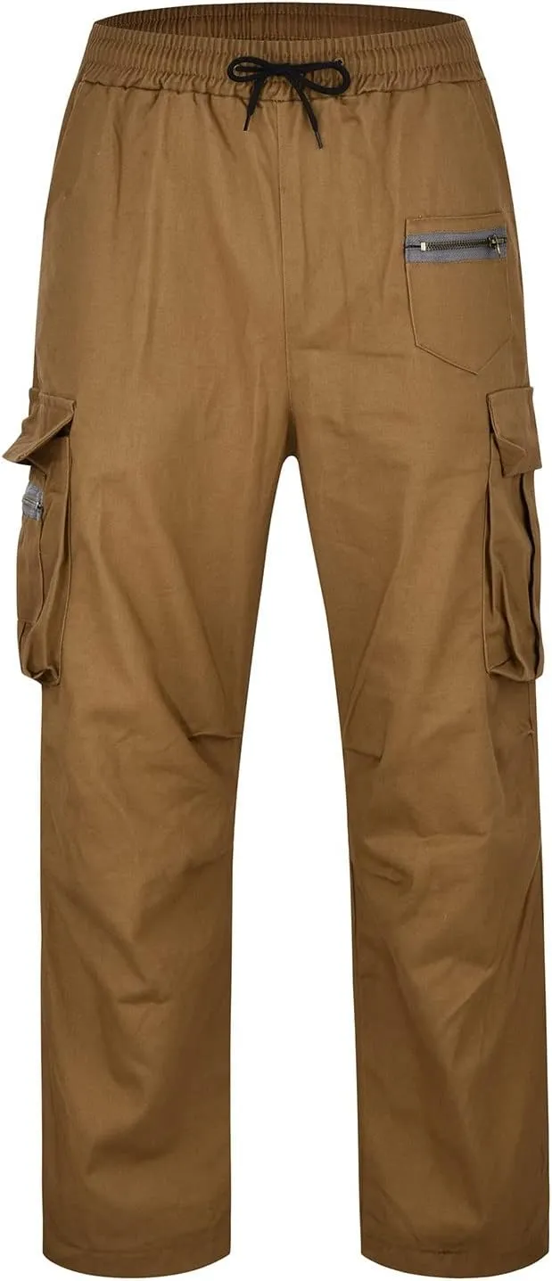 Mens Heavyweight Fleece Cargo Sweatpants Baggy Loose Fit Elastic Waist Athletic Jogger Sweatpants with Multi-Pockets