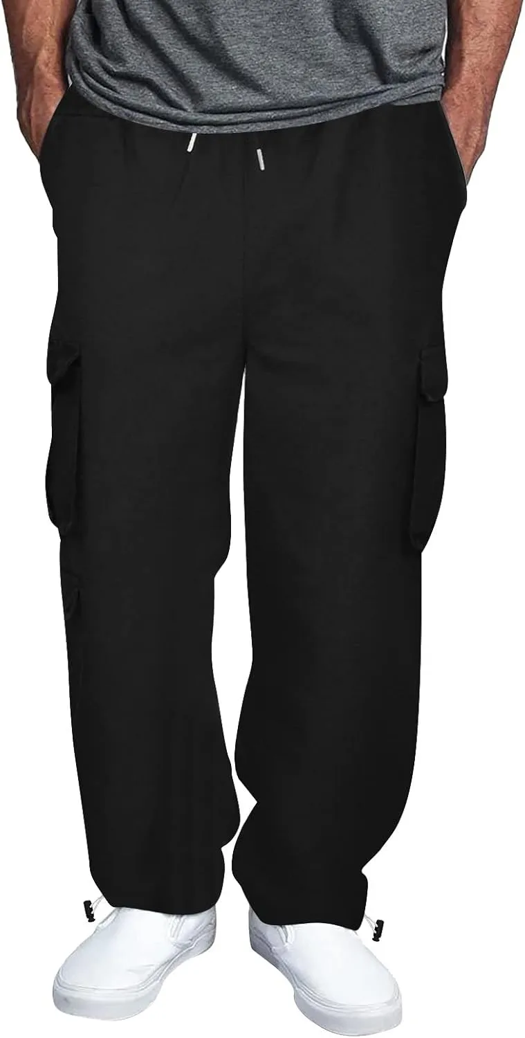 Mens Heavyweight Fleece Cargo Sweatpants Baggy Loose Fit Elastic Waist Athletic Jogger Sweatpants with Multi-Pockets