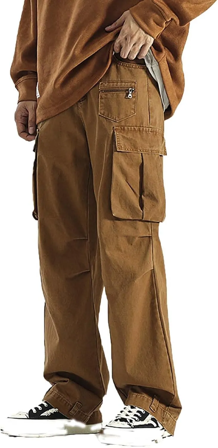 Mens Heavyweight Fleece Cargo Sweatpants Baggy Loose Fit Elastic Waist Athletic Jogger Sweatpants with Multi-Pockets