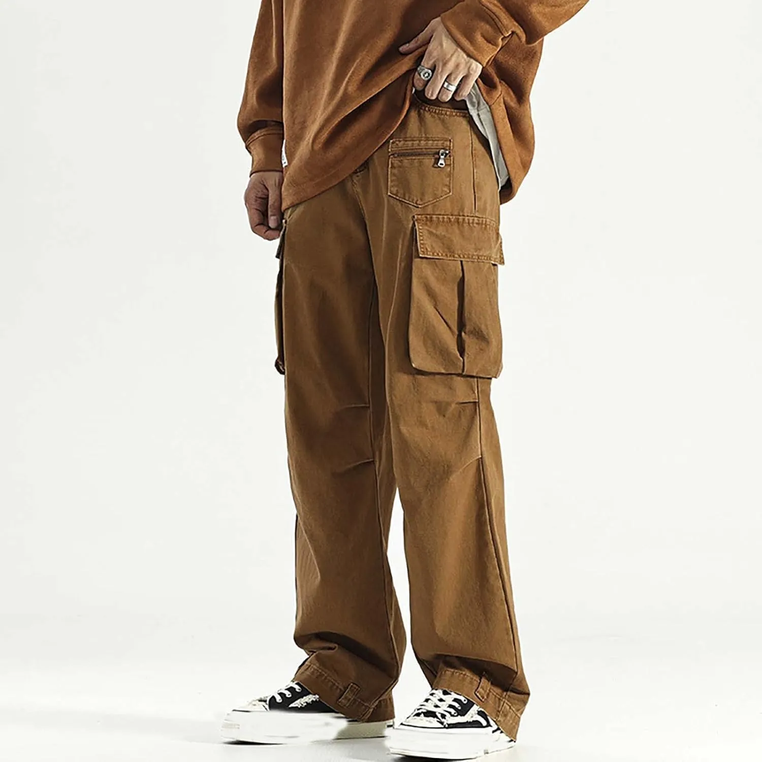 Mens Heavyweight Fleece Cargo Sweatpants Baggy Loose Fit Elastic Waist Athletic Jogger Sweatpants with Multi-Pockets