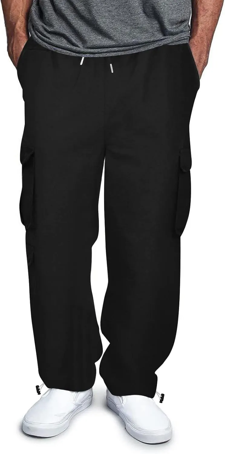 Mens Heavyweight Fleece Cargo Sweatpants Baggy Loose Fit Elastic Waist Athletic Jogger Sweatpants with Multi-Pockets