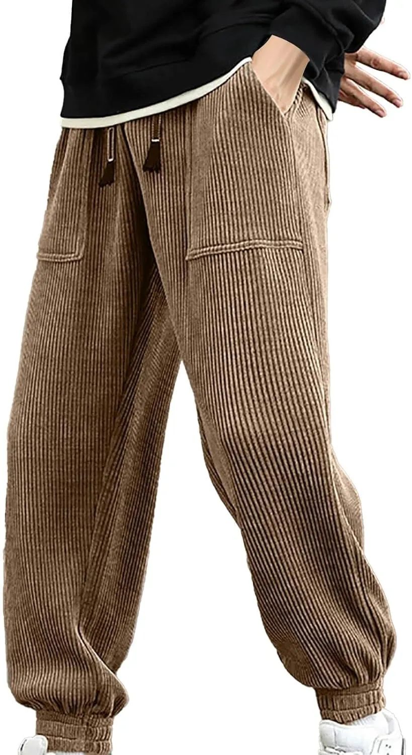 Mens Korean Corduroy Pants Casual Loose Fit Fashion Hip Hop Streetwear Chino Cargo Sweatpant Skater Pants with Pocket