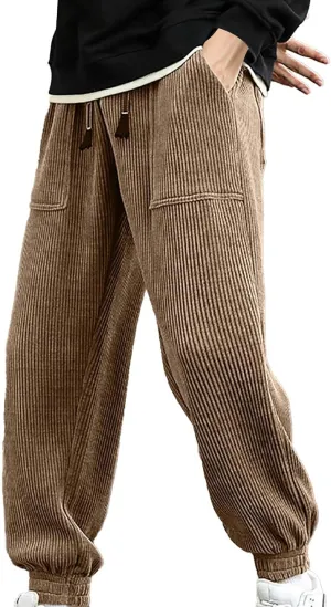 Mens Korean Corduroy Pants Casual Loose Fit Fashion Hip Hop Streetwear Chino Cargo Sweatpant Skater Pants with Pocket