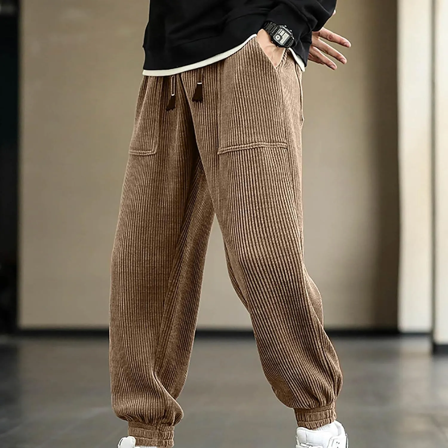 Mens Korean Corduroy Pants Casual Loose Fit Fashion Hip Hop Streetwear Chino Cargo Sweatpant Skater Pants with Pocket