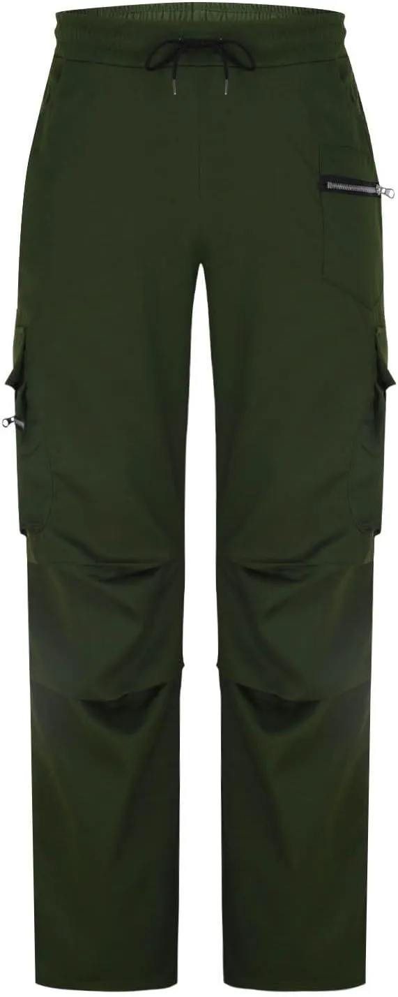 Mens Outdoor Cargo Pants Elastic High Waist Drawstring Summer Chinos Pants Straight Leg Tactical Trousers with Pocket