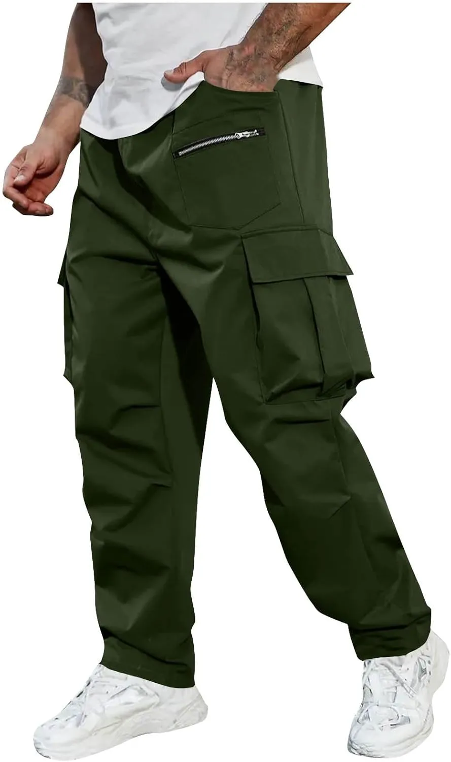 Mens Outdoor Cargo Pants Elastic High Waist Drawstring Summer Chinos Pants Straight Leg Tactical Trousers with Pocket