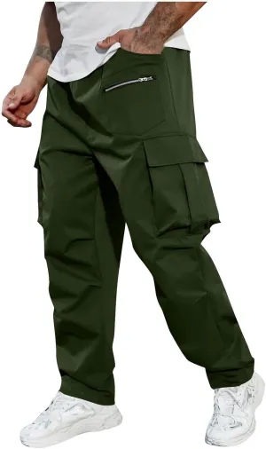 Mens Outdoor Cargo Pants Elastic High Waist Drawstring Summer Chinos Pants Straight Leg Tactical Trousers with Pocket