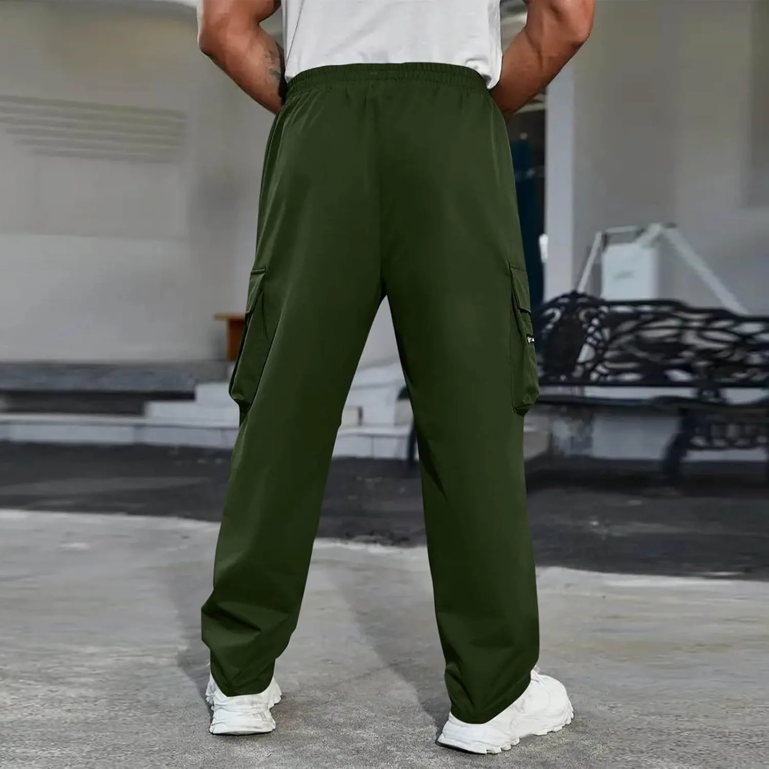 Mens Outdoor Cargo Pants Elastic High Waist Drawstring Summer Chinos Pants Straight Leg Tactical Trousers with Pocket