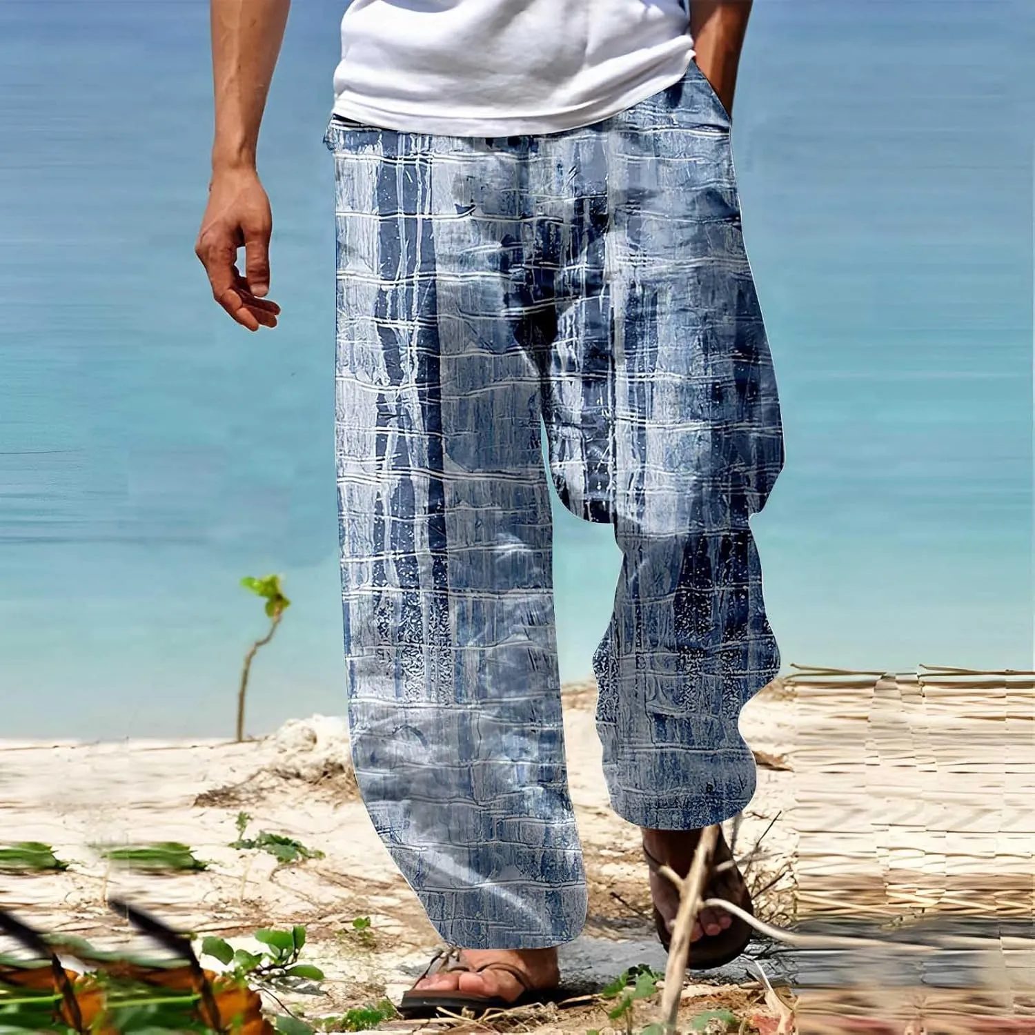 Mens Summer Casual Trousers Tactical Holiday Lightweight Vacation Beach Leisure Pant 2024 Drawstring Straight Leg Streetwear