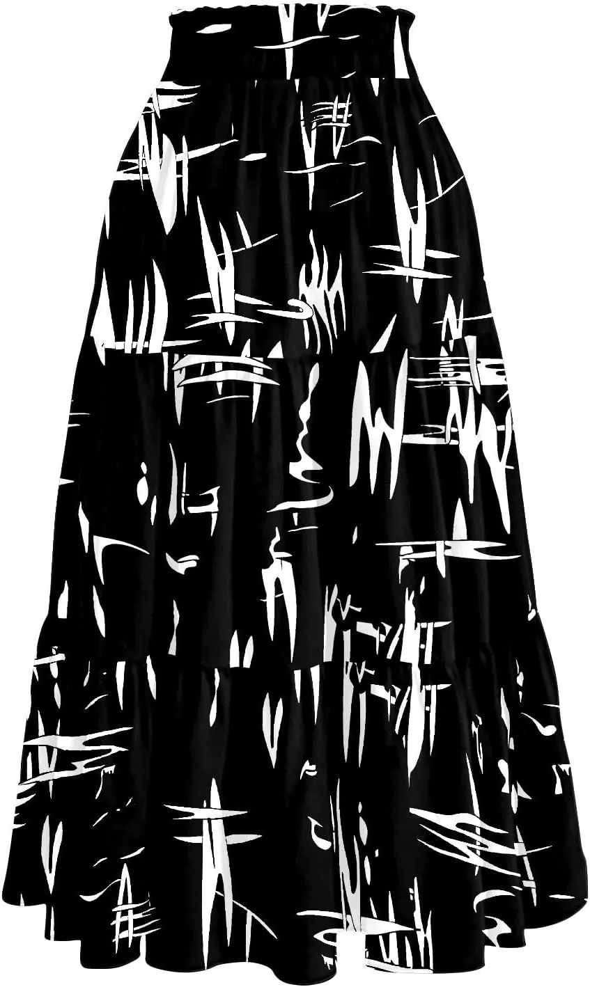 Midi Skirts for Women 2025 High Elastic Waisted Boho Floral Skirts Tiered Ruffle Skirt Flowy A Line Skorts with Pockets