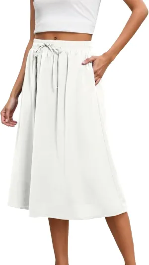 Midi Skirts for Women 2025 Summer Drawstring Elastic Waisted Flowy Swing S-Line Vacation Beach Skirt with Pockets