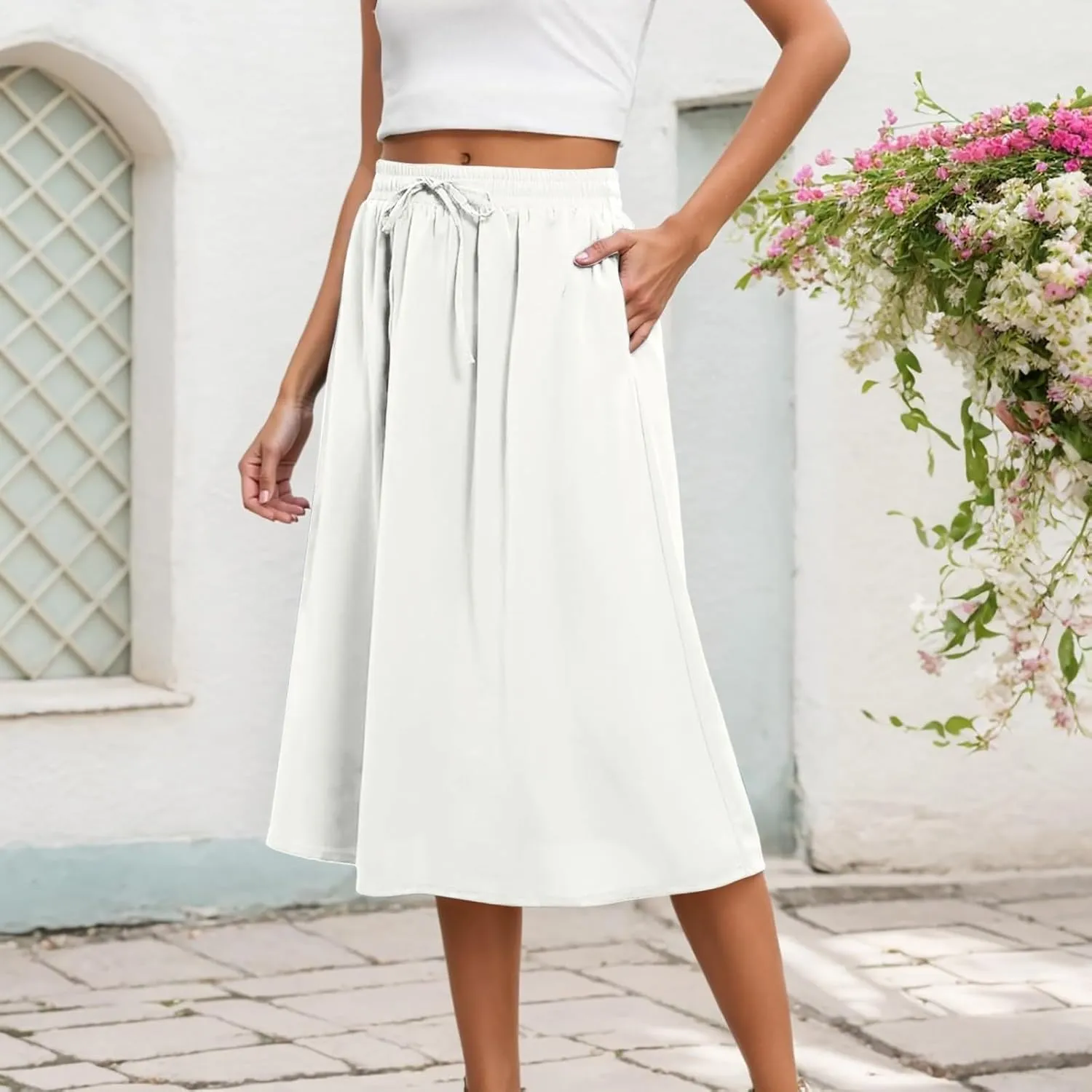 Midi Skirts for Women 2025 Summer Drawstring Elastic Waisted Flowy Swing S-Line Vacation Beach Skirt with Pockets