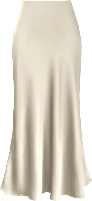 Midi Skirts for Women High Waist Soft Silk Satin Back Zipper Summer Casual Midi Length Flowy Pleated Elastic Skirt