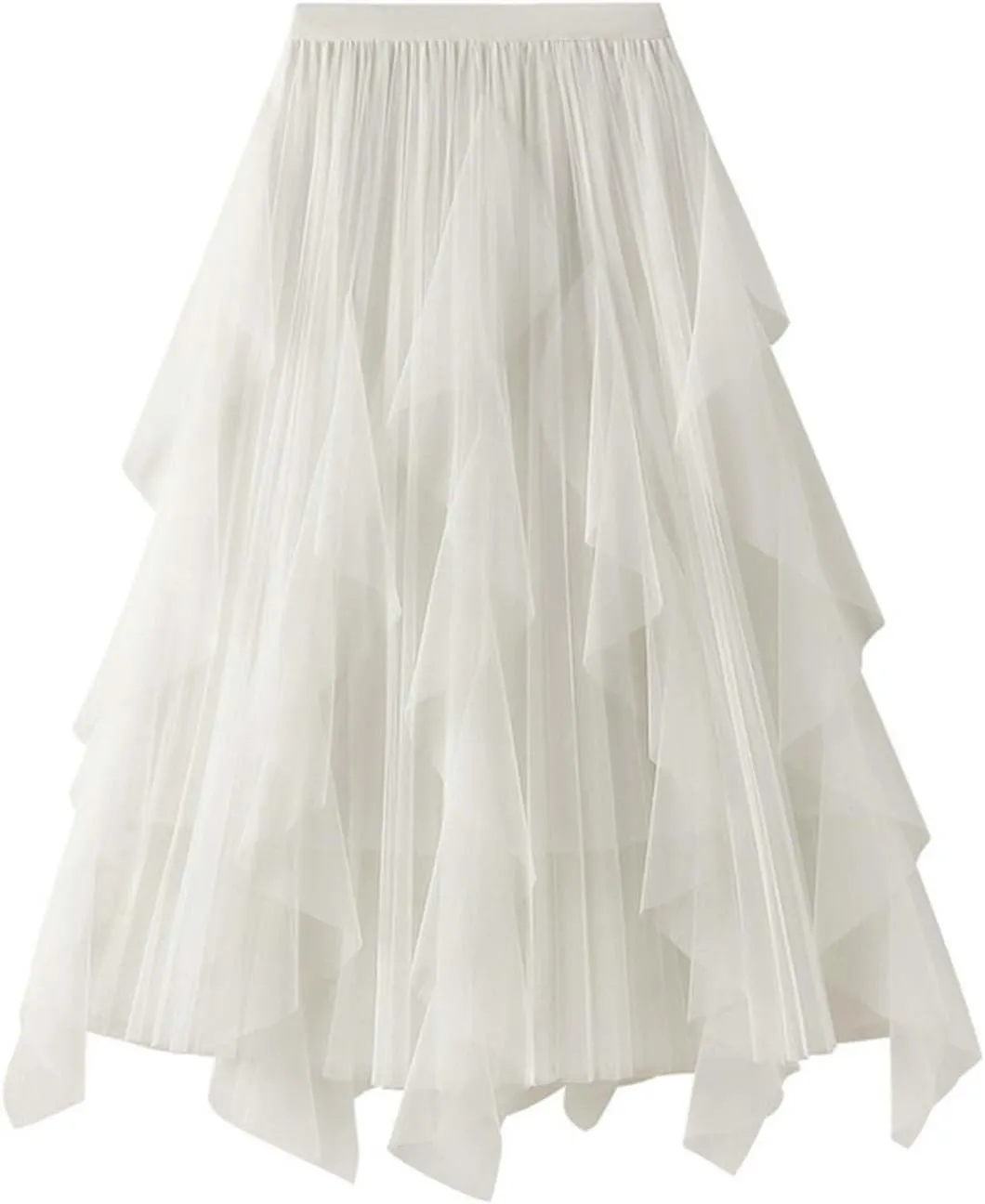 Midi Skirts for Women High Waisted Flounce Hem Sheer Mesh Overlay A-Line Flowy Skirt Tiered Ruffle Spring 2025