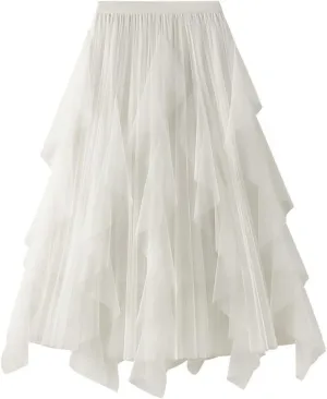 Midi Skirts for Women High Waisted Flounce Hem Sheer Mesh Overlay A-Line Flowy Skirt Tiered Ruffle Spring 2025