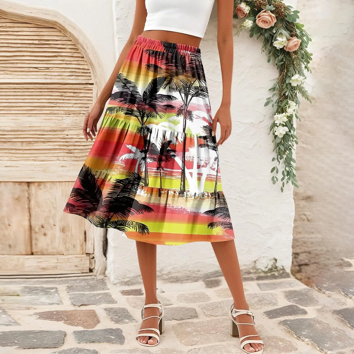 Midi Skirts for Women Summer Boho Floral Flowy Tiered Pleated High Elastic Waist A Line Skirt Beach Vacation Clothes