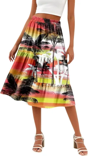 Midi Skirts for Women Summer Boho Floral Flowy Tiered Pleated High Elastic Waist A Line Skirt Beach Vacation Clothes