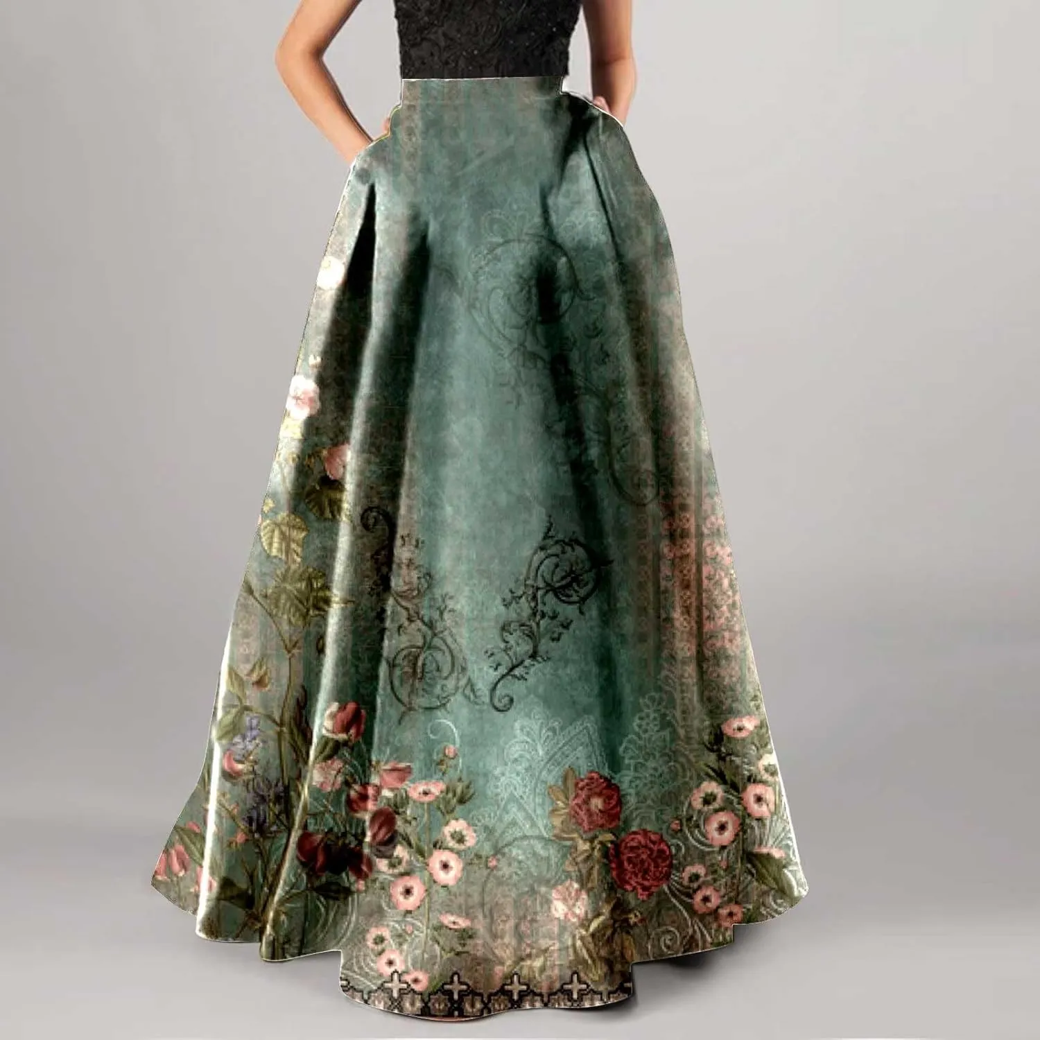 Miyaomn Women's Boho Floral Printed Maxi Skirt Summer Beach High Waisted Mopping Floor Length A Line Long Skirts with Pockets