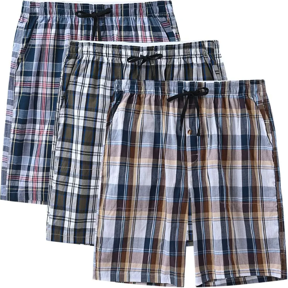 MoFiz Men's Sleepwear Shorts Pajama Bottom Lounge Short Plaid Button Open Fly 3Pack