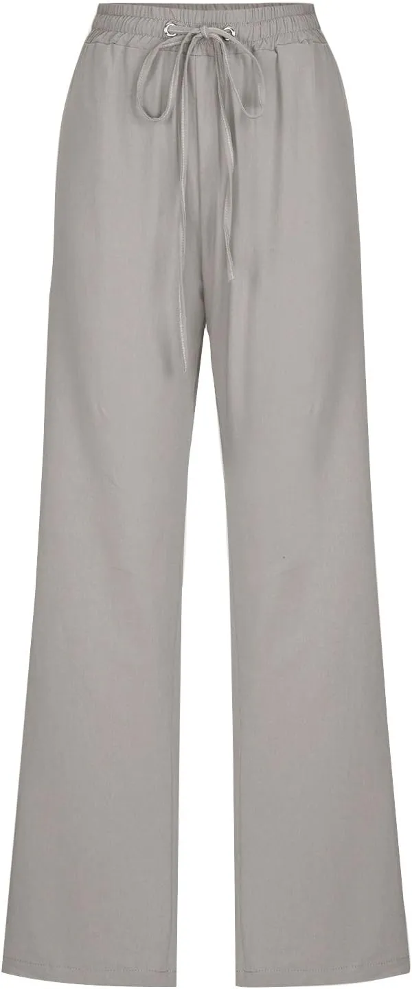 Mzkdieey Womens Casual Cotton Linen High Waist Pants Drawstring Loose Fit Summer Straight Leg Pants Trousers with Pockets
