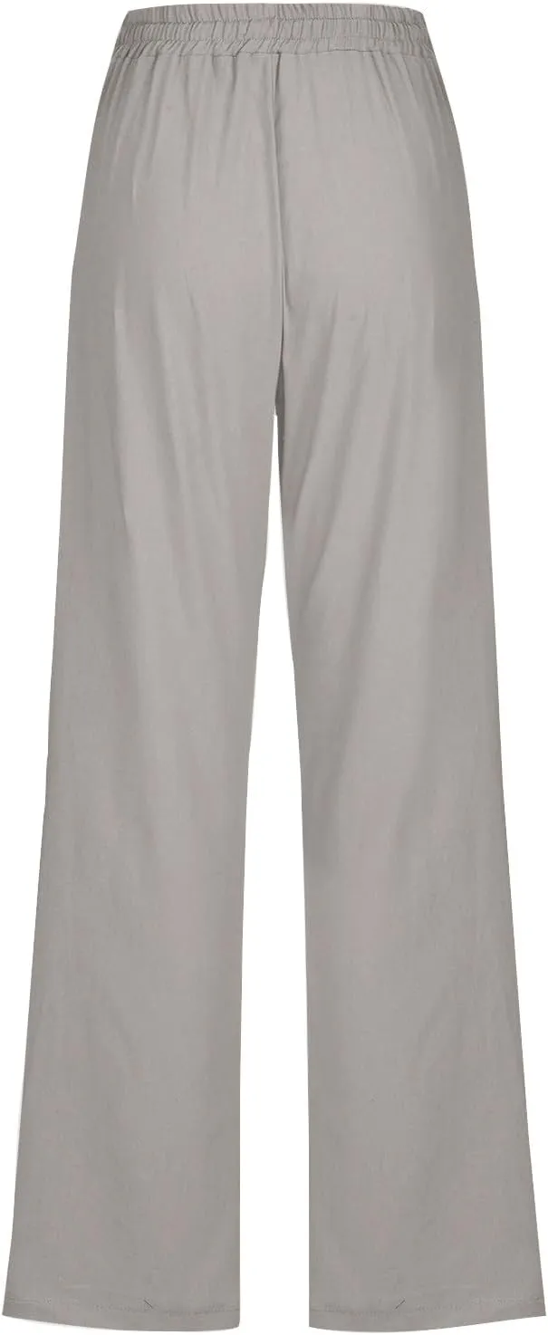 Mzkdieey Womens Casual Cotton Linen High Waist Pants Drawstring Loose Fit Summer Straight Leg Pants Trousers with Pockets