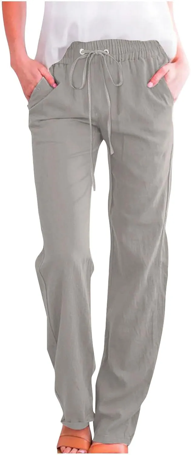 Mzkdieey Womens Casual Cotton Linen High Waist Pants Drawstring Loose Fit Summer Straight Leg Pants Trousers with Pockets
