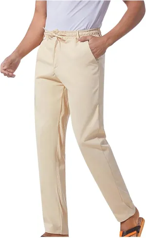 NATHGAM Straight Leg Pants for Men Elastic Waist Drawstring Trousers Lightweight Comfy Slim Fit Work Office Pants with Pocket