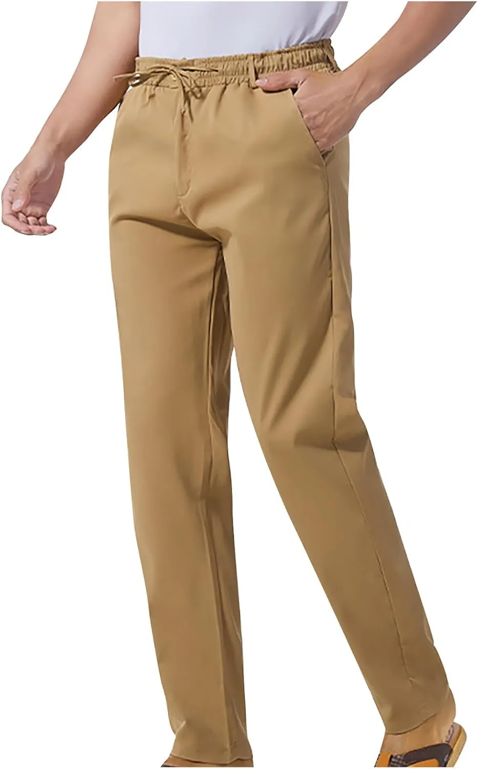 NATHGAM Straight Leg Pants for Men Elastic Waist Drawstring Trousers Lightweight Comfy Slim Fit Work Office Pants with Pocket