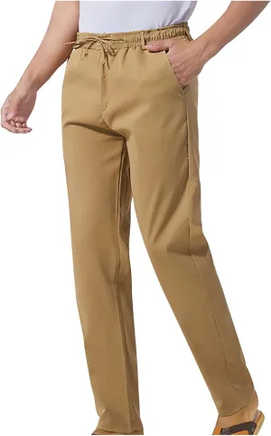 NATHGAM Straight Leg Pants for Men Elastic Waist Drawstring Trousers Lightweight Comfy Slim Fit Work Office Pants with Pocket