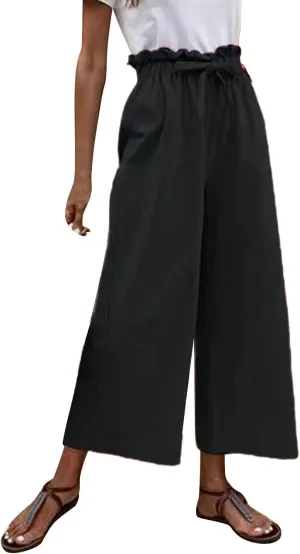 niuwa Womens Summer Cotton Linen Casual Long Pant High Waist Loose Fit Casual Trousers Comfy Pants (Black, XXL)