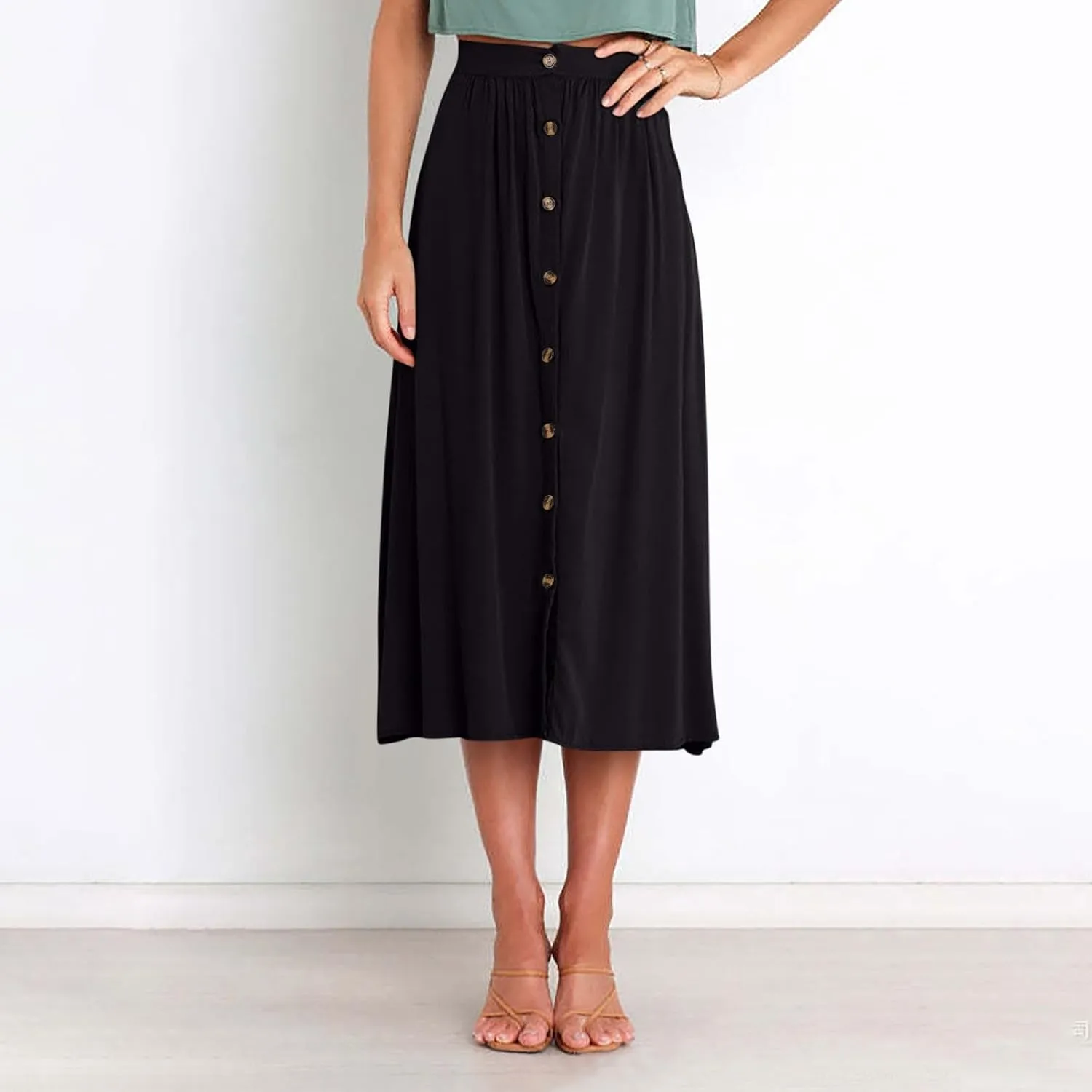 Office Work Long Skirt for Women Casual High Waist Pleated Button Midi Skirt Fashion A-Line Business Maxi Skirts