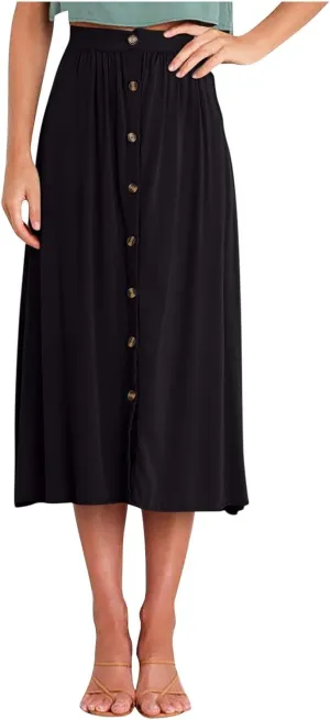 Office Work Long Skirt for Women Casual High Waist Pleated Button Midi Skirt Fashion A-Line Business Maxi Skirts
