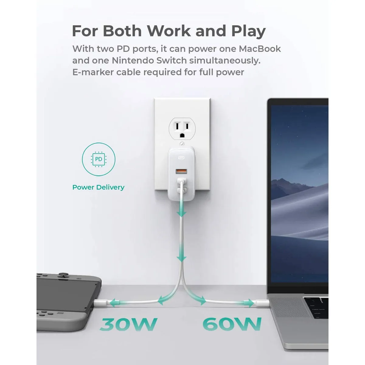 Omnia Mix3 90W GaN 3-Port Fast USB and USB-C PD Wall Charger