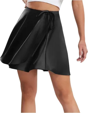 Oplxuo Women's Mini Skirts Lace Up High Waisted Wrap Short Skirt A-Line Swing Skirt for Teen Girls Party Clubwear