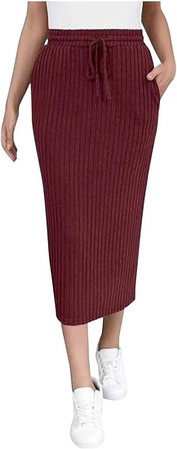 Pencil Skirts for Women Casual Solid Color Knit Ribbed High Waist Lace Up Bodycon Midi Skirts