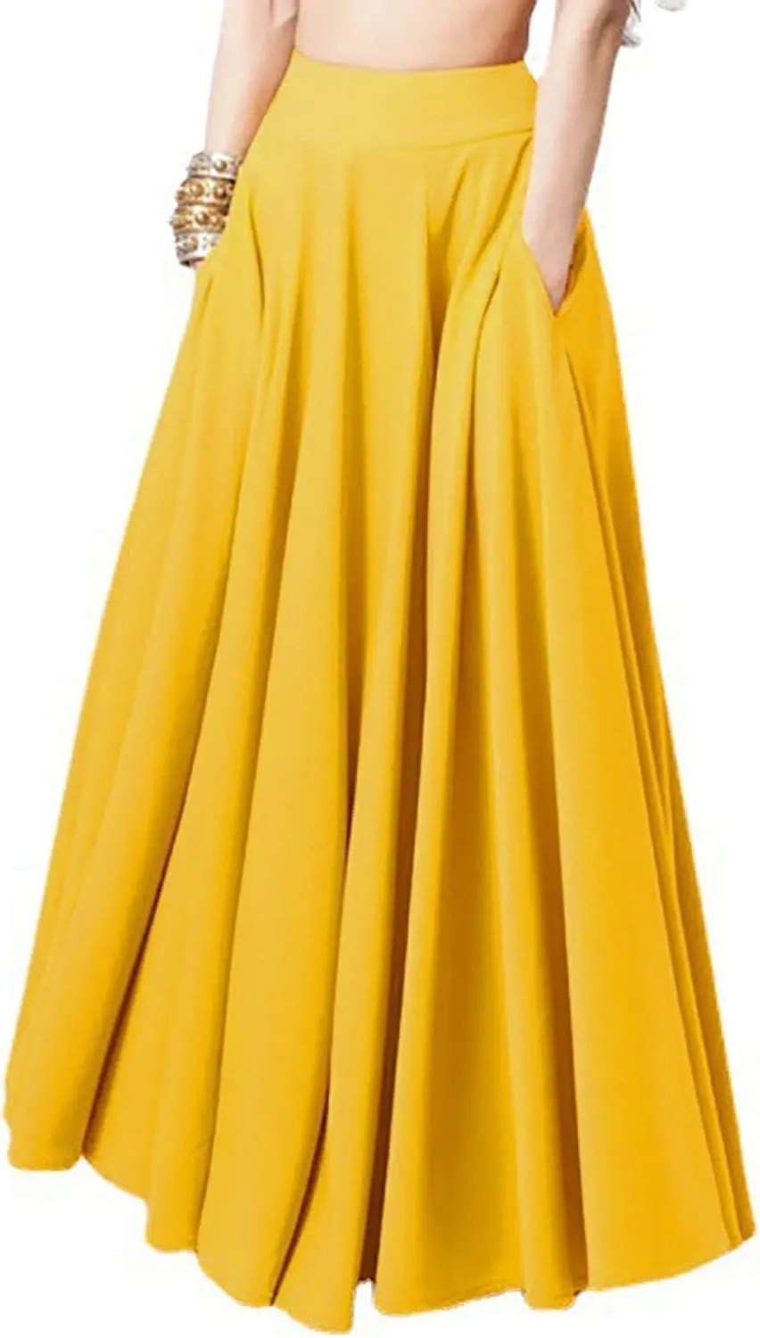 Pleated Maxi Skirts for Women, High Waist Large Swing A-Line Skirts Retro Flowy Elastic Full Length Formal Skirts