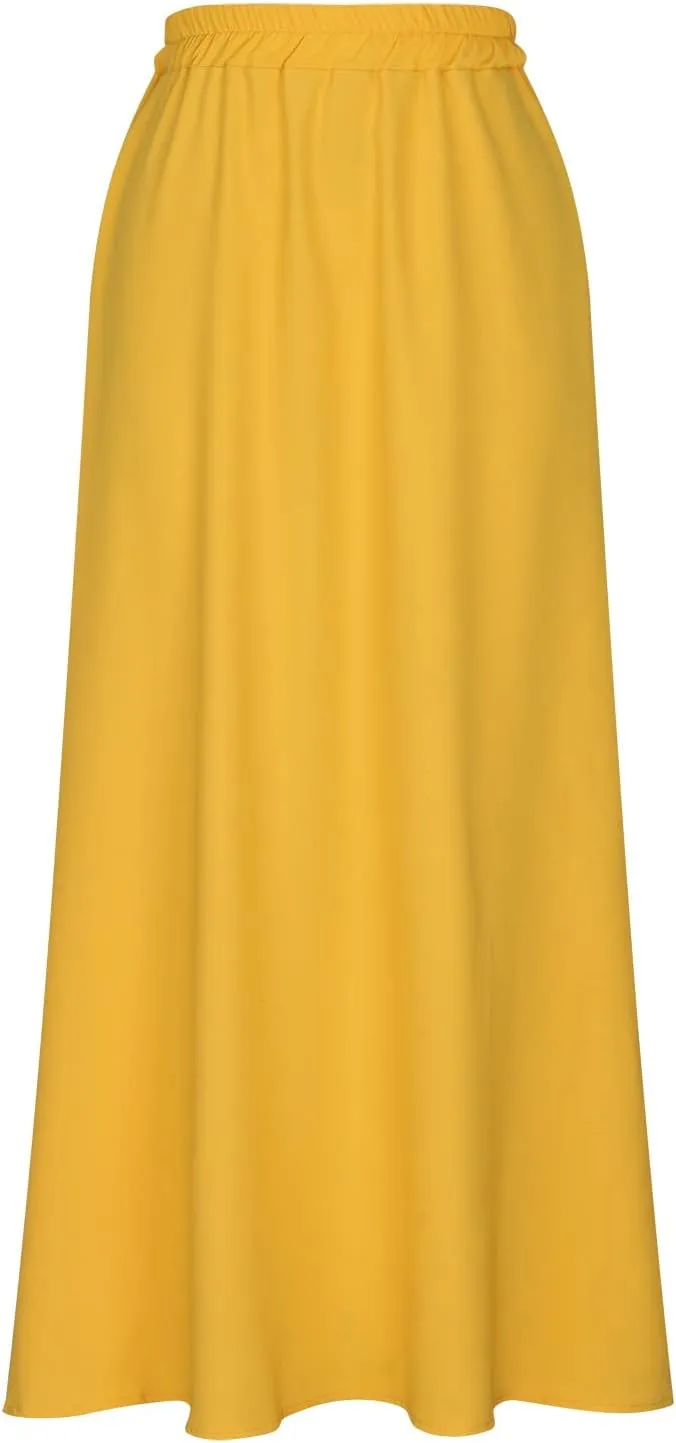 Pleated Maxi Skirts for Women, High Waist Large Swing A-Line Skirts Retro Flowy Elastic Full Length Formal Skirts