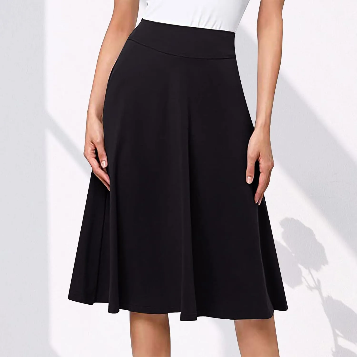 Pleated Midi Skirts for Women, 2024 Summer Fashion Long High Waisted Flare Casual Stretch Knit Knee Length Skirt