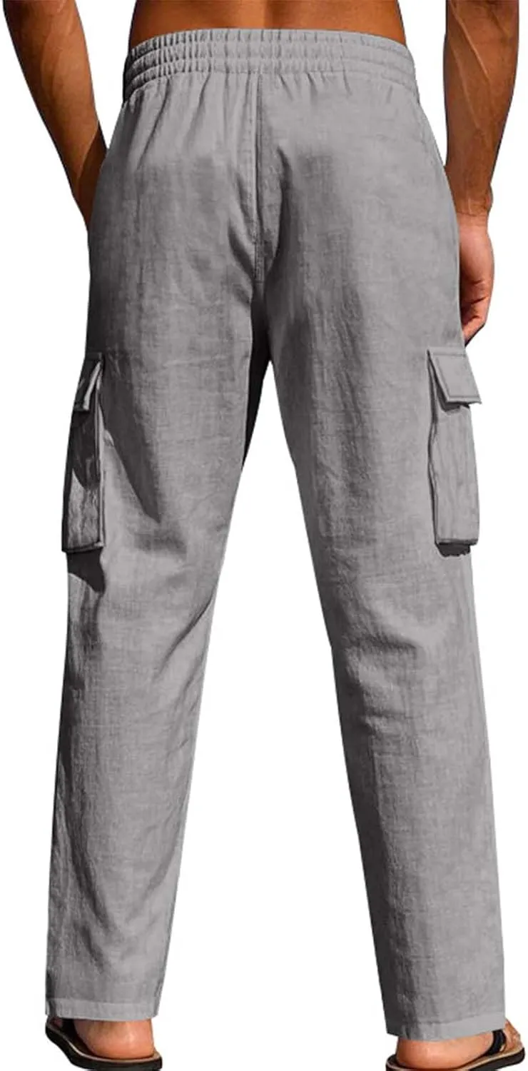 Plus Size Linen Pants for Men Summer Elastic Waist Drawstring Trouser with Pockets Casual Light Loose Fit Beach Pant