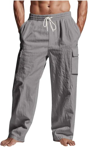 Plus Size Linen Pants for Men Summer Elastic Waist Drawstring Trouser with Pockets Casual Light Loose Fit Beach Pant